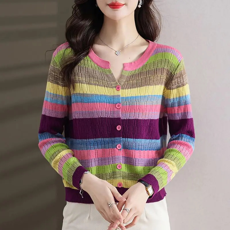 Fashion Women Clothing Colorful Striped Cardigan Sweater Spring Autumn Korean Versatile Casual Long Sleeve Knitted Coats 240712