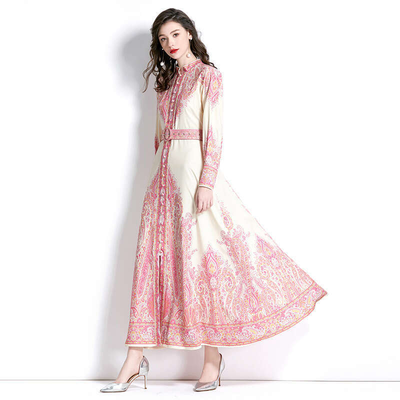 2023 Spring Womens Elegance Sleeved Palace Vacation Style Standing Neck Lantern Sleeves Long Printed Dress Self-cultivation Temperament Sexy High Wais