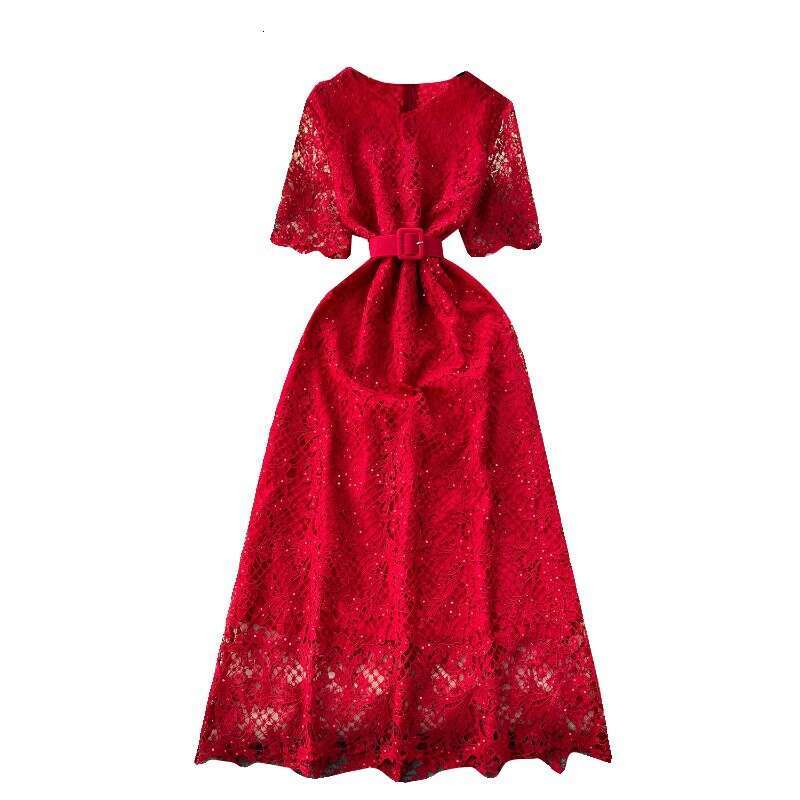 High End, Light Luxury, Sequin Embroidery Dress, Elegant, Slim Fit, Long Design, Hollow Out Lace Dress for Women Temperament Denim Dress High Waist Dr