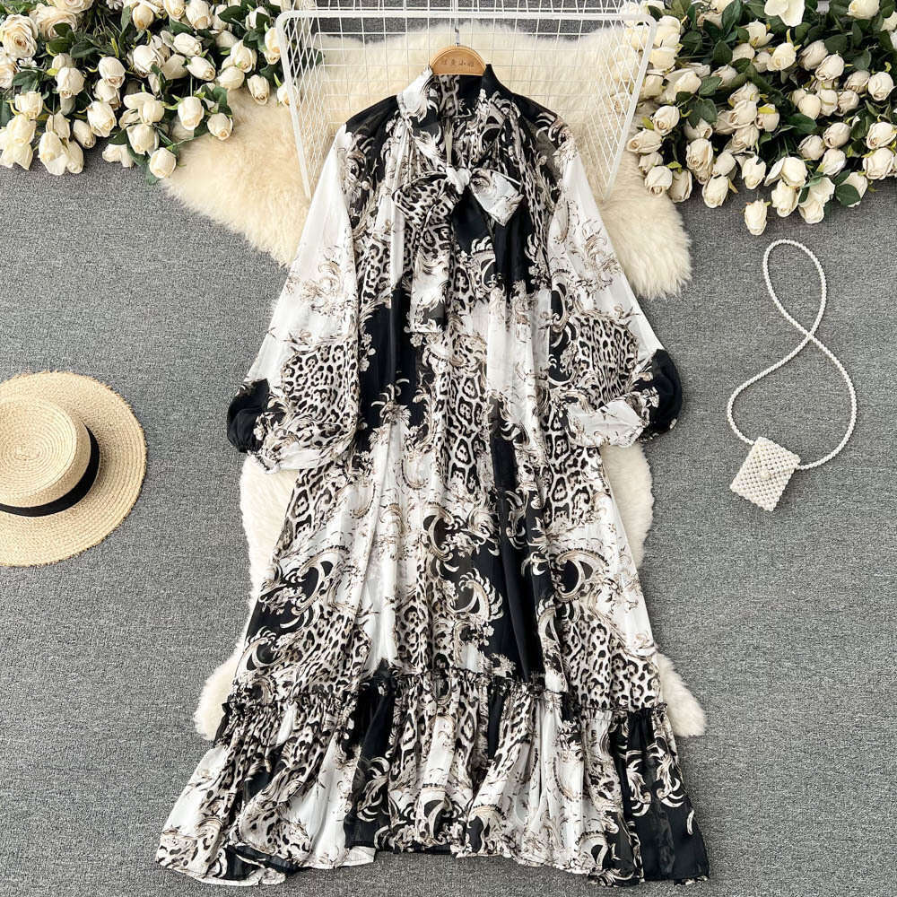 Personalized Print Design Sense, Niche Lantern Sleeves, High Neck Temperament, Heavy Industry Loose Fitting Dress, Knee Length Skirt Pregnant Womens D