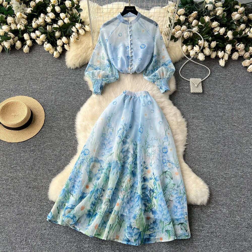 Wind Two-piece Set, Elegant Lantern Sleeve Buckle Slim Fit Top, High Waisted Printed Mesh Skirt Set Sexy Loose Bifurcated Pregnant Womens Dress BOHO D