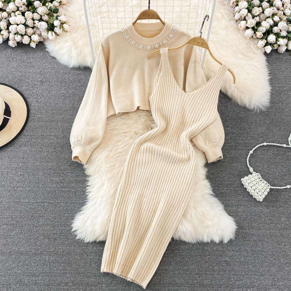 Socialite Temperament Round Neck Nail Bead High Waist Short Exposed Belly Button Sweater Two-piece Set Spicy Girl Knitted Vest Dress Sexy Short High W