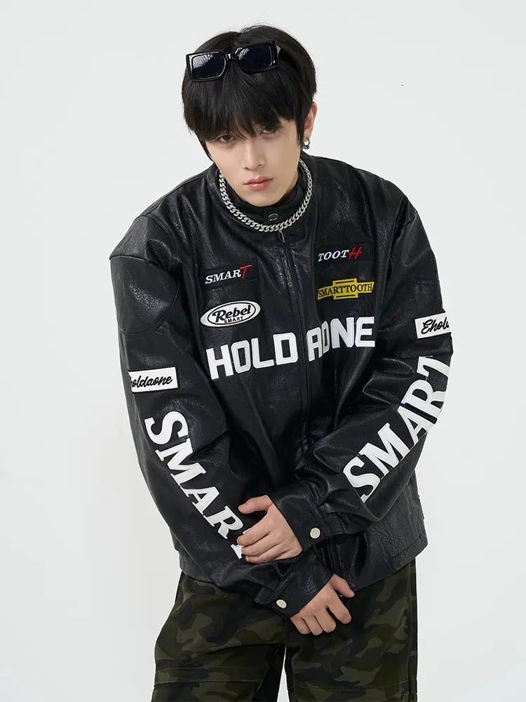 High Street PU Leather Jacket for Men Women Letter Embroidery Motorcycle Racing Baseball Jacket Vintage Y2k Bombers Coat 240716