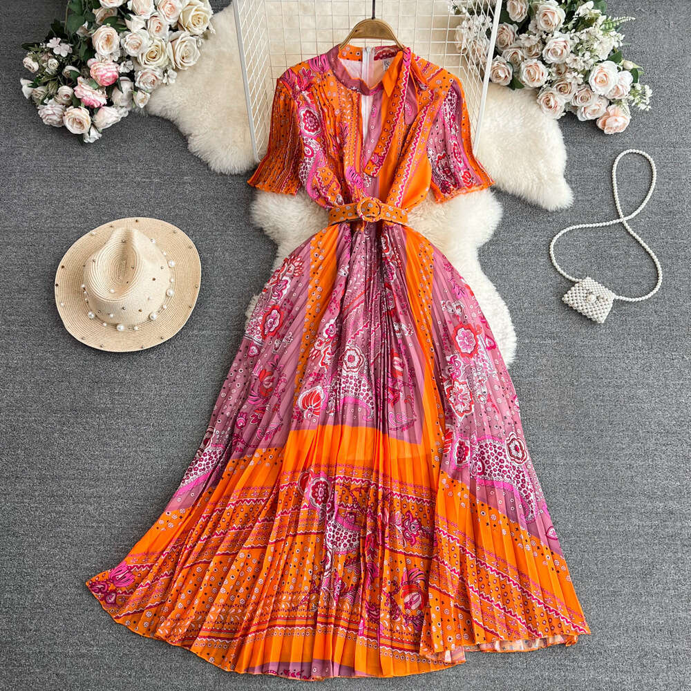 Light and Mature Style, Short Sleeved Stand Up Collar, Waist Cinched, Slimming A-line Printed Pleated Dress, Elegant Large Hem Long Skirt BOHO DRESS