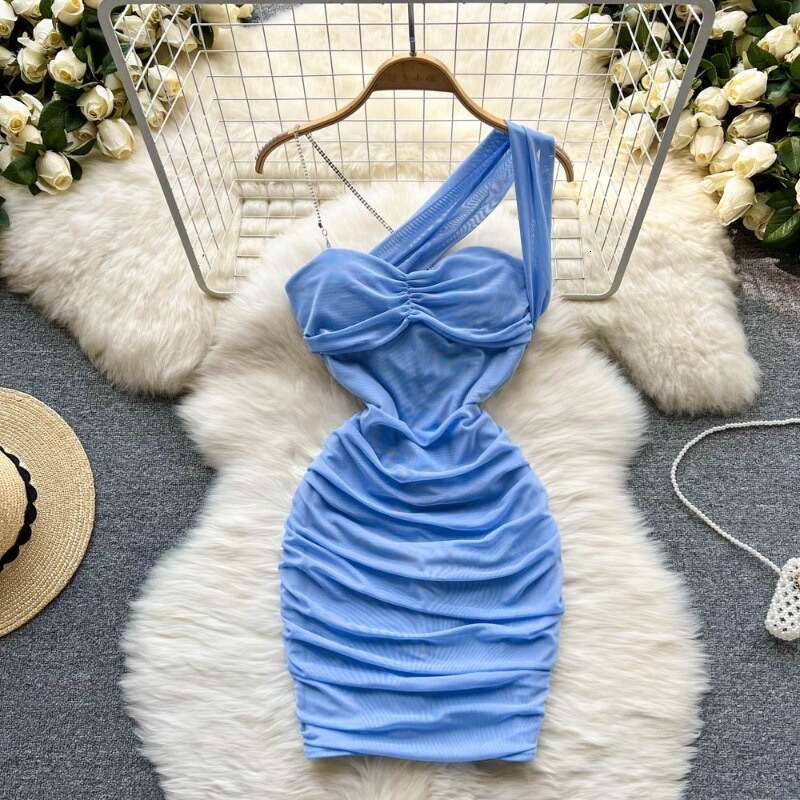Hanging Neck, Mesh Pleated, Off the Shoulder Bag, Buttocks, Sexy Dress, Womens Bra Design, Unique Waist Cinching, Spicy Girl Skirt Lace Dress Denim Dr