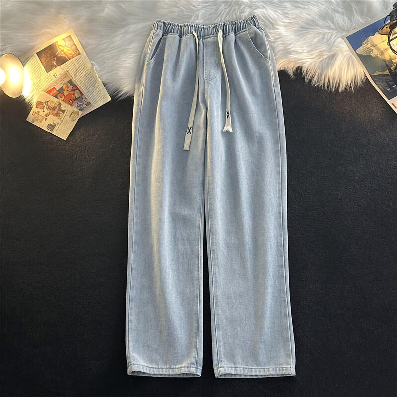 Denim Men's Winter Baggy Straight Trousers High Street Ulzzang Handsome Elastic Waist Pure Color American Loose Pants