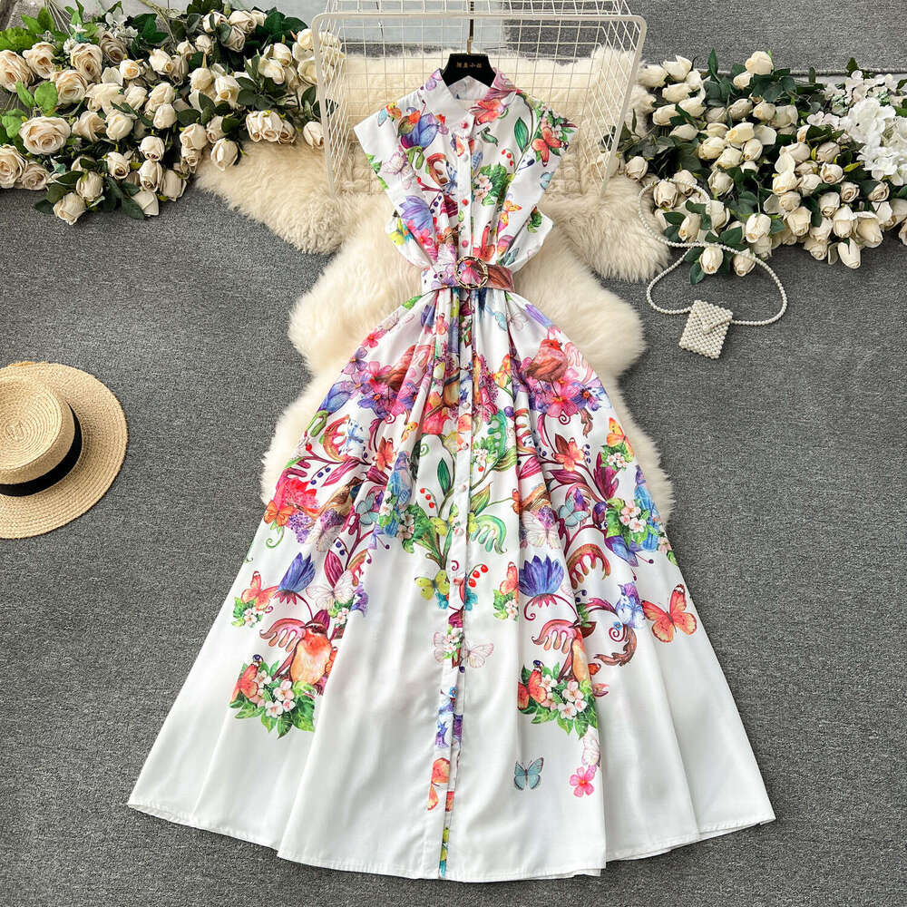 French Haute Couture Socialite Style Dress, Holiday Design, Printed Slim Fit Long Sleeveless Shirt Dress Self-cultivation Bifurcated SKINNY DRESS Lace