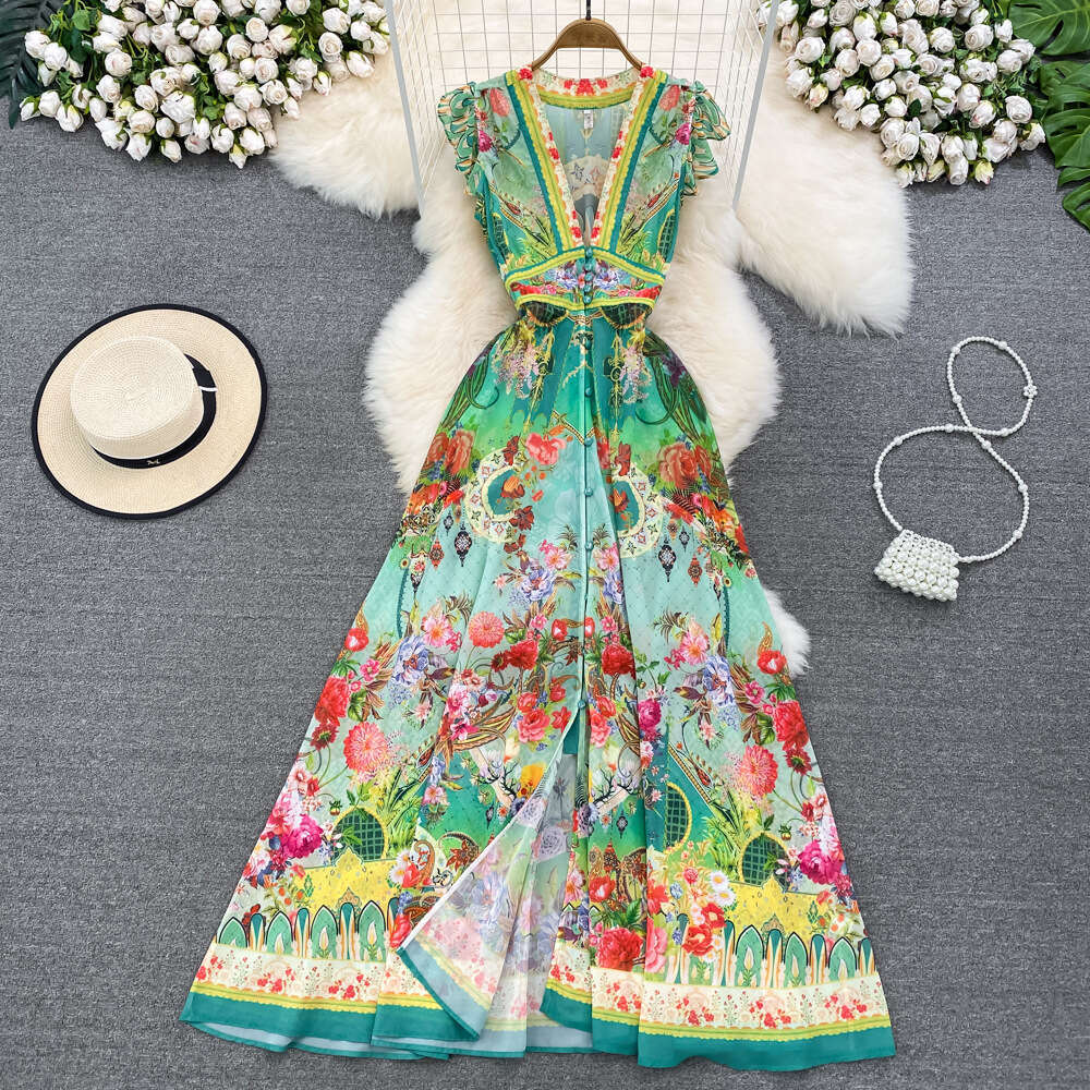 and Elegant Beach Vacation Skirt with Flying Sleeves, V-neck, Waist Waist, Slim Appearance, Single Breasted Print, A-line Large Dress Novelty Denim Dr