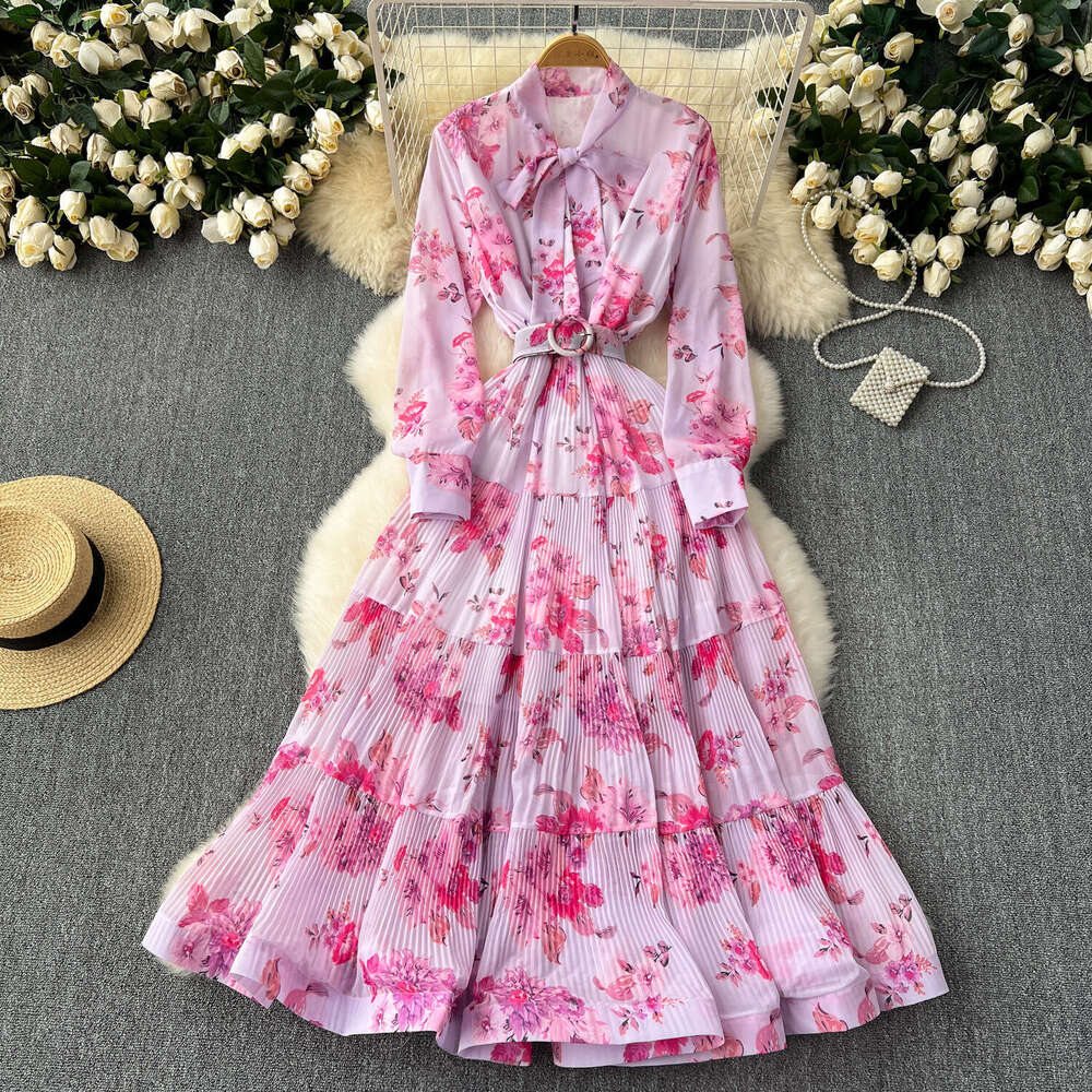 Light Mature Style 2024 New French Bow Tie Waist Wrap Large Ruffle Edge Fragmented Flower Long Dress Sexy Dress Waist Bifurcated Round Neck Dress Silk