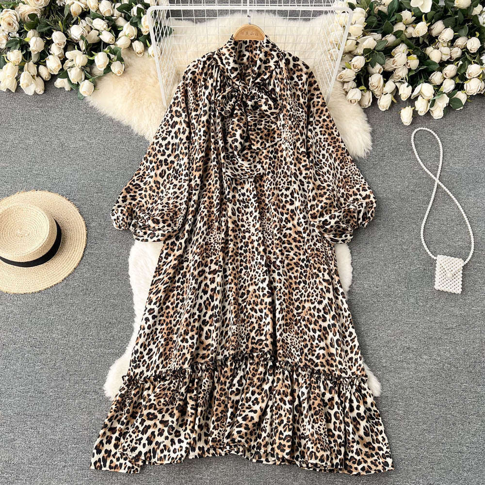 Personalized Print Design Sense, Niche Lantern Sleeves, High Neck Temperament, Heavy Industry Loose Fitting Dress, Knee Length Skirt Pregnant Womens D