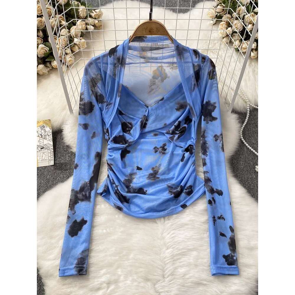 Summer Fashion Spicy Girl Camo Tie Dyed Long Sleeved V-neck Mesh T-shirt Womens Western Style Slim Fit Wrinkle Short Top Novelty Sexy Lace Dress BOHO 