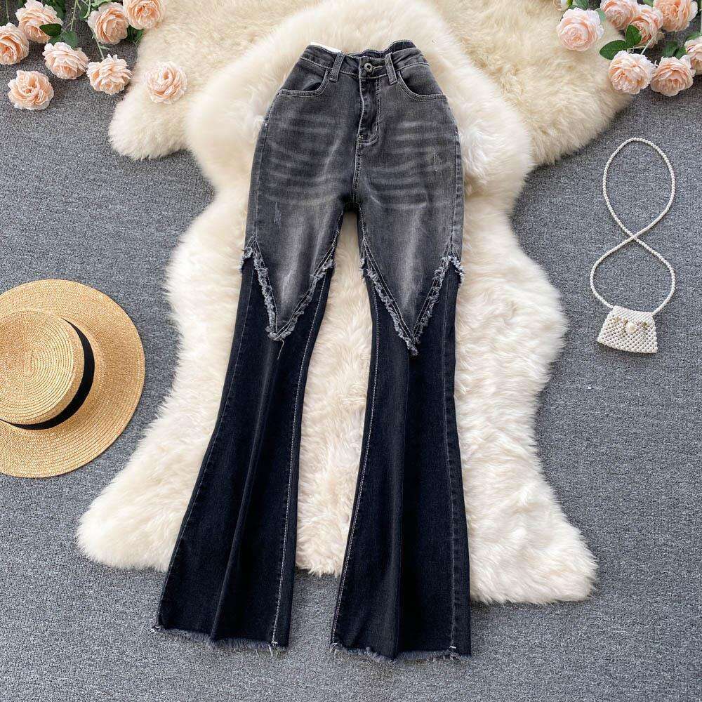 Design Inspired Patchwork with Ruffled Edges and Micro Jeans for Women's Spring/summer 2022 New Fringe Elastic Thin Style Slim Flared Pants