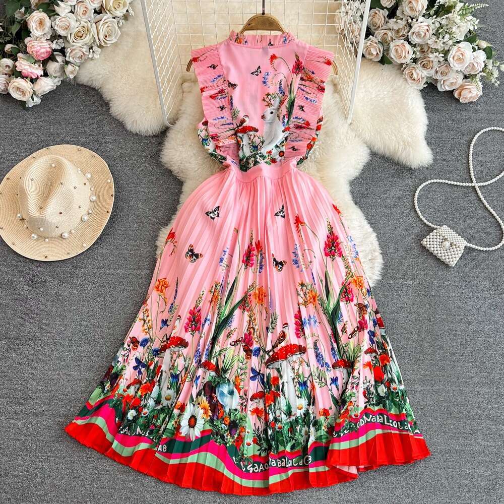 Summer Haute Couture, Socialite Temperament, Flying Sleeves, Stand Up Collar, Waist Up, Slim A-line Pleated Dress, Elegant Large Hem Skirt Lace Dress