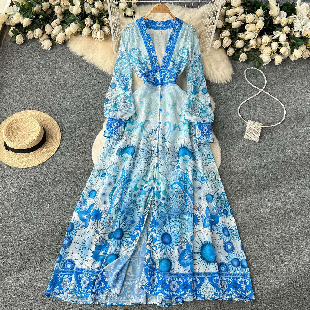 Spring and Autumn Seasonal Fake French V-neck Long Sleeved Printed Womens Waist Wrapped A-line Large Swing Dress Short Bifurcated Oversize Dress Lace 