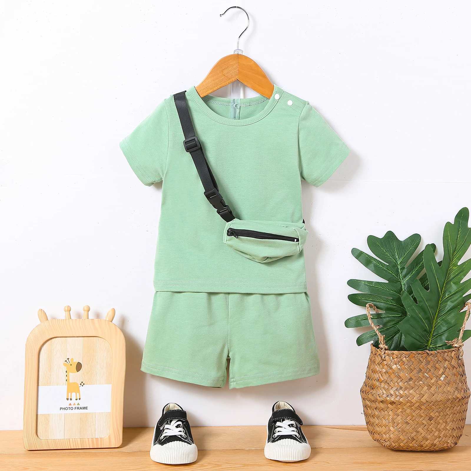 Clothing Sets 3Pcs Set Toddler Baby Boys Trendy Casual Summer Outfit Round Neck Short Sleeve T-shirt + Solid Shorts + Zipper Crossbody Bag