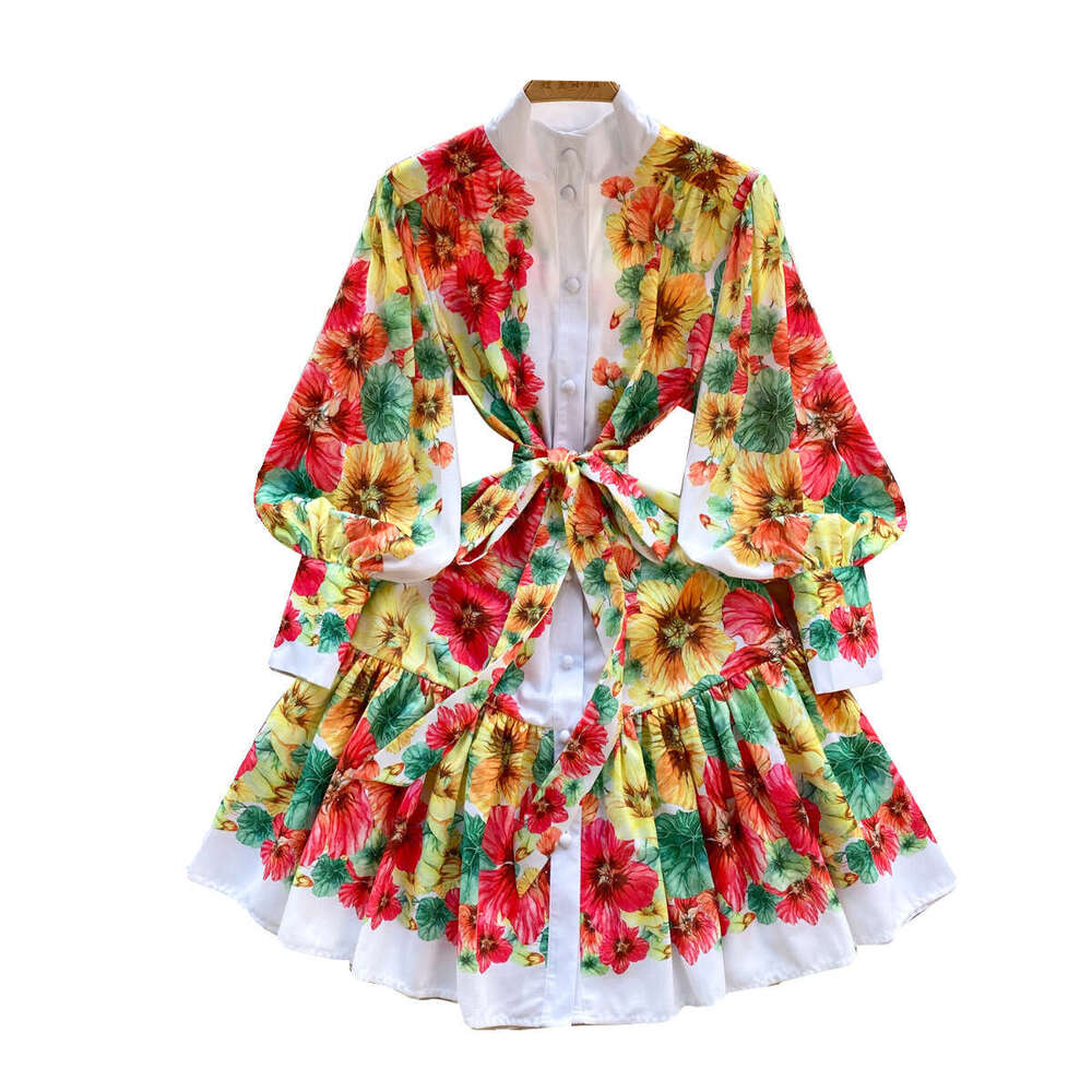 Fanhua Series Palace Style Spring Dress, Womens Design, Printed Slim Fit Short Style, High-end Small Dress Gift Loose Short Bifurcated Round Neck Dres