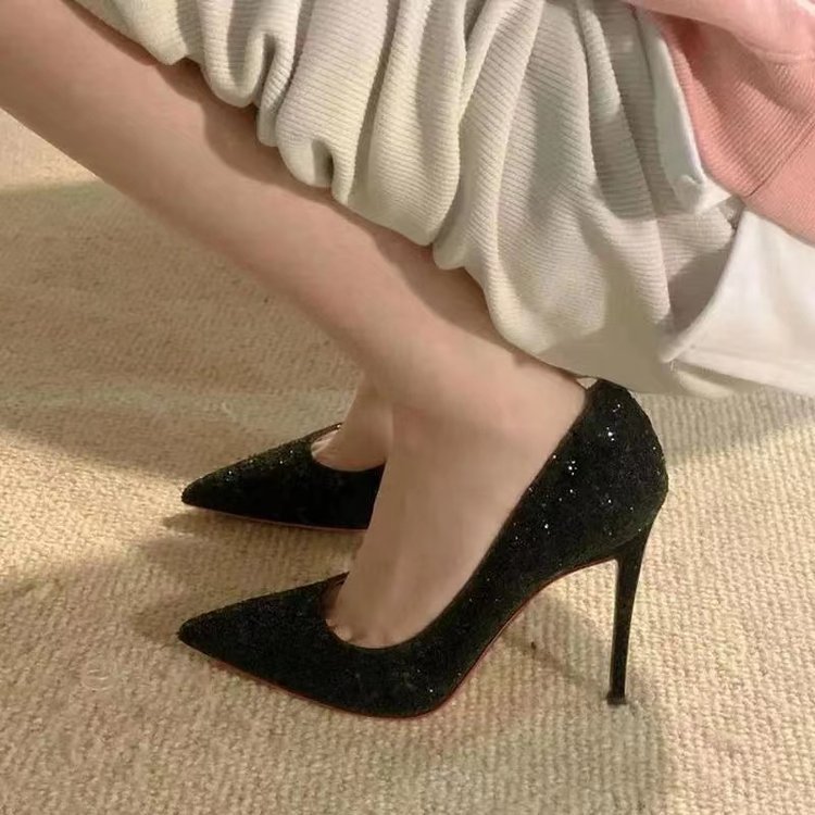 Women 2024 new Europe and the United States wind high with shallow mouth pointed shiny sequins sexy thin high heels single shoes