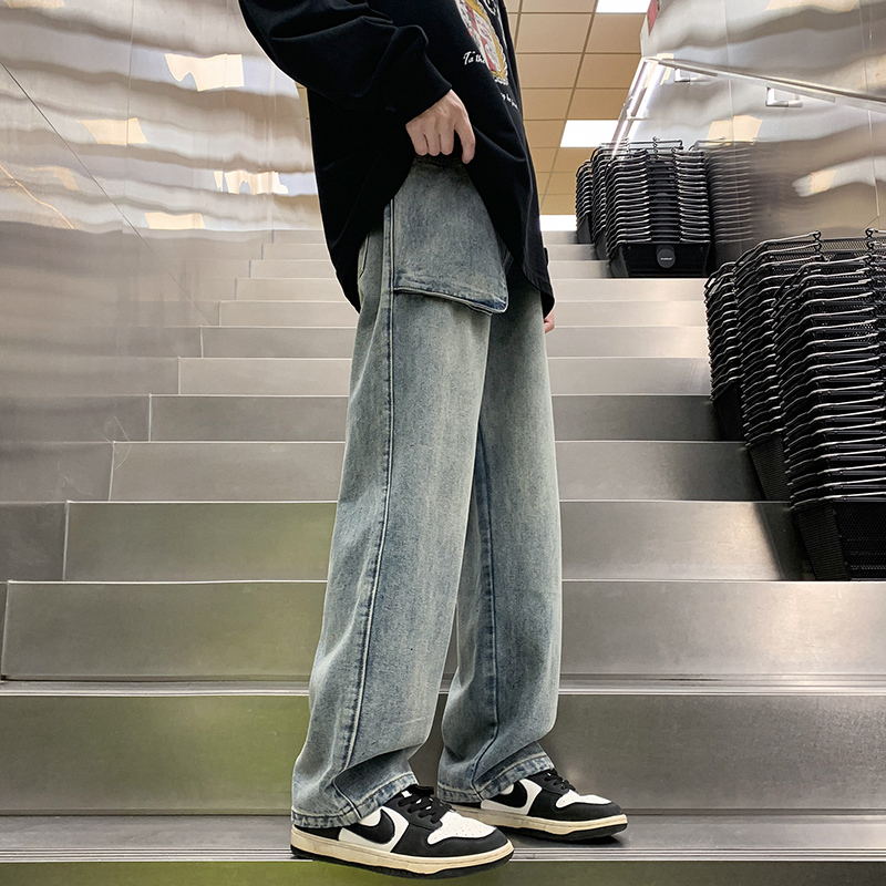 Discounted welfare summer loose straight leg pants for men, American high street yellow mud dyed jeans, men's large pocket