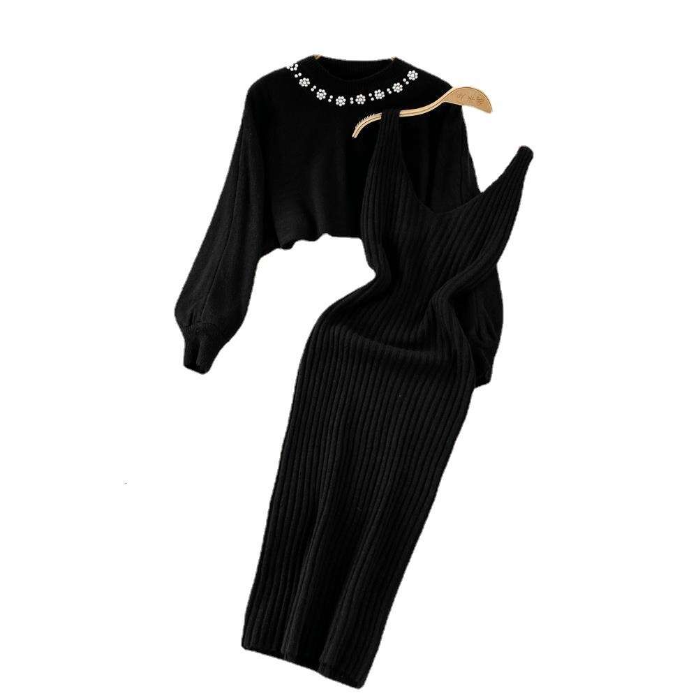 Socialite Temperament Round Neck Nail Bead High Waist Short Exposed Belly Button Sweater Two-piece Set Spicy Girl Knitted Vest Dress Sexy Short High W