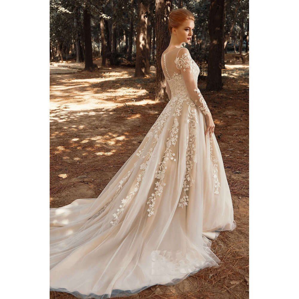 Illusion Sheer Long Sleeves Lace Applique Tulle A E Wedding Dresses Court Train Custom Made Vestido De Morrie