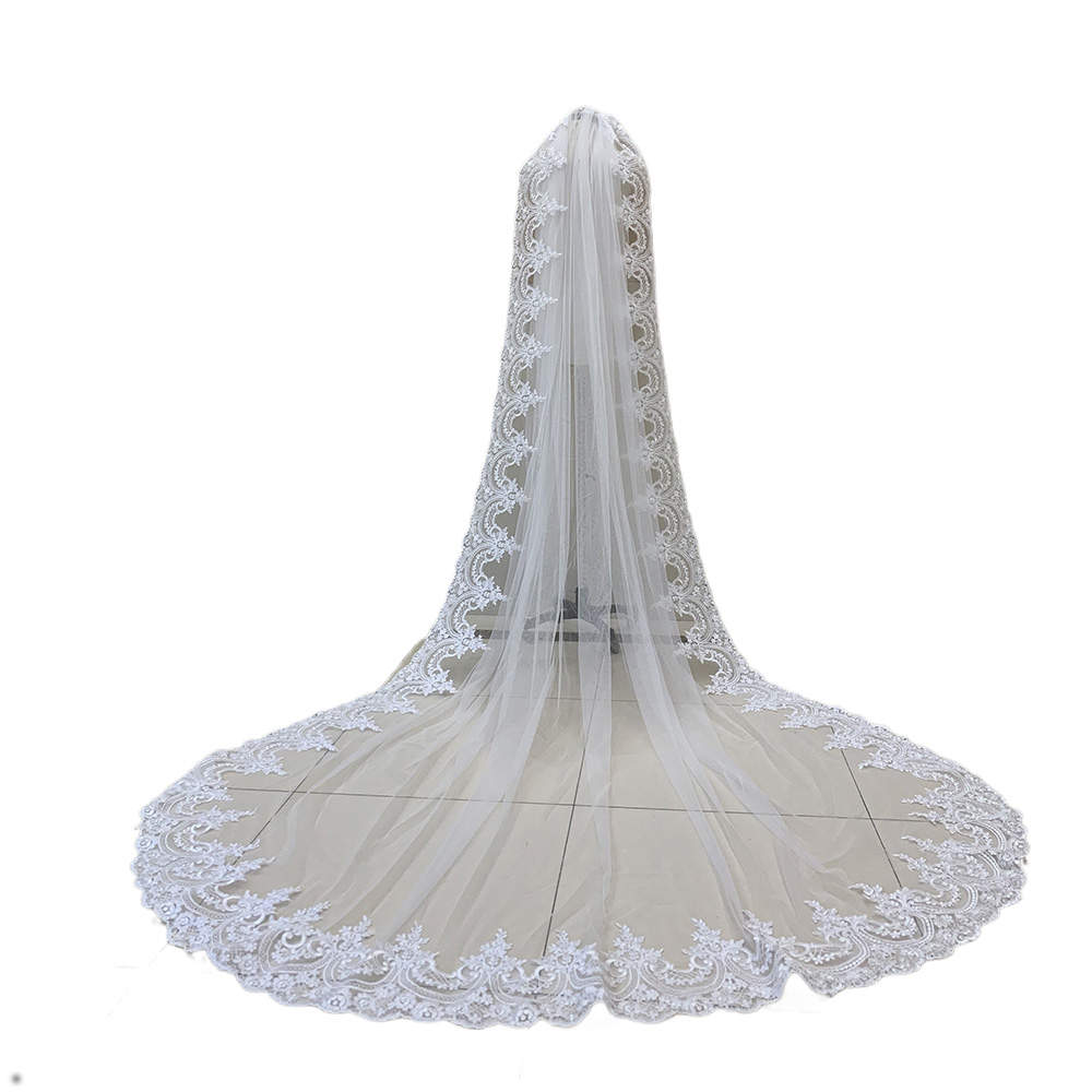 Modern Wedding Veil Appliques Lace Long Royal Bridal Veil Cathedral Special Cut with Comb Veil 3M White Ivory Wedding Accessories