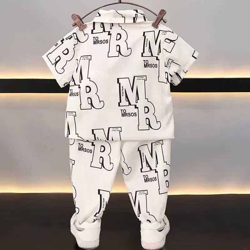 Clothing Sets 2-9Y Teenage Boys Shirt Set 2024 New Handsome Childrens Summer Short Sleeve Letter Shirt +Long Pants Baby Boy Summer Clothing