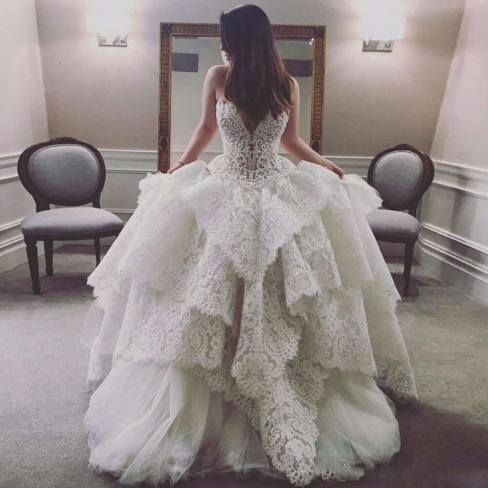 Lace Tiered Dresses Sheer Neck Sleeveless A E Bridal Gowns With Beading Chain On Back Wedding Dress