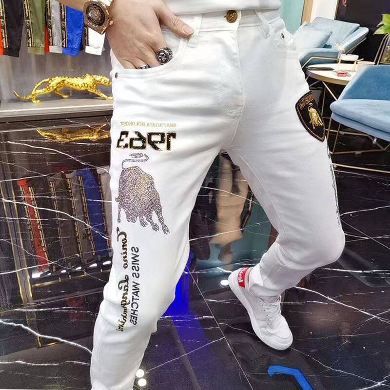 MIKEJIE Fashion 2023 Spring and Summer Tide Brand White Jeans Trend Taurus Hot Drill Embroidery Stretch Slim Men's Pants