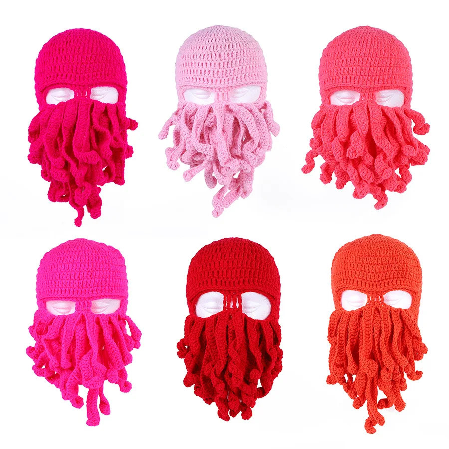 Octopus Hat Squid Mask Funny Winter Warm Knit Beard Hat Skiing Biking Accessories Gifts for Men Women Kid Red 240715
