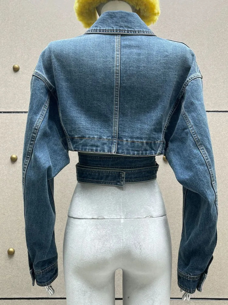DEAT Women Denim Jackets Notched Collar Long Sleeve Crossed High Waist Spliced Belt Short Coat 2024 Summer Fashion 7AB3526 240715