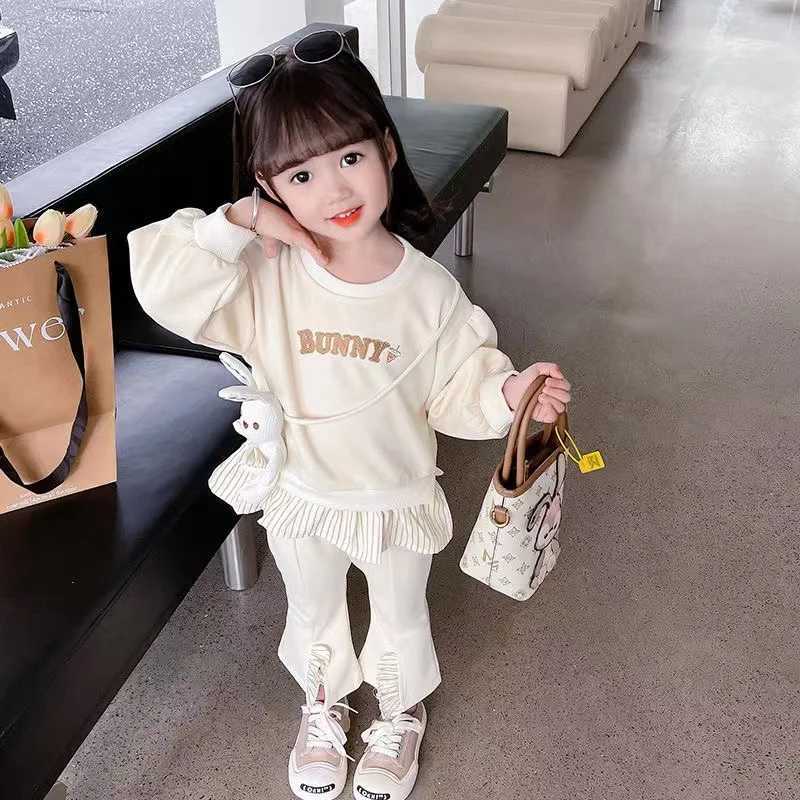 Clothing Sets Girls Spring and Autumn Fashion Western Long sleeved Set New Little Girl Pure Cotton Sweater Flare Pants Casual Two Piece Set