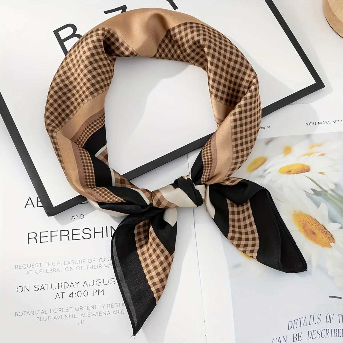 Scarves 27.5 Tartan Print Bandana Square Scarf Satin Checkered Pattern Neck Wr Head Scarf Hair Accessories For Women J240712