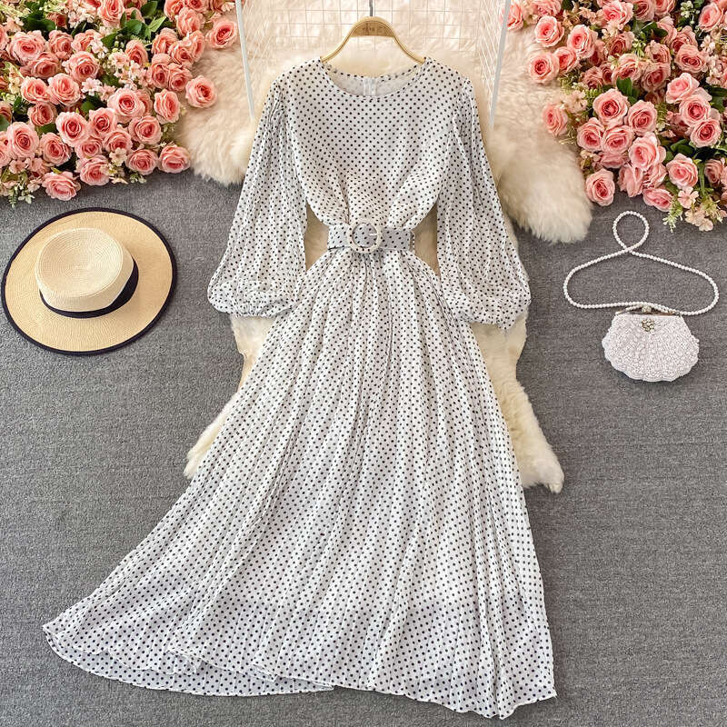 Super Immortal Sanya Resort Beach Skirt with Elegant Waist, Big Swing Round Neck, Hundred Fold Wave Point Chiffon Dress High Waist Dress Pregnant Wome