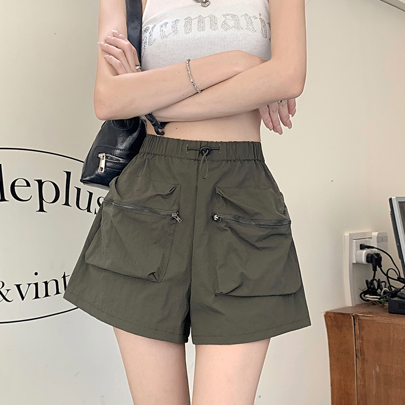 Quick drying American pocket work shorts women's summer thin elastic waist casual for slimming sports wide leg pants
