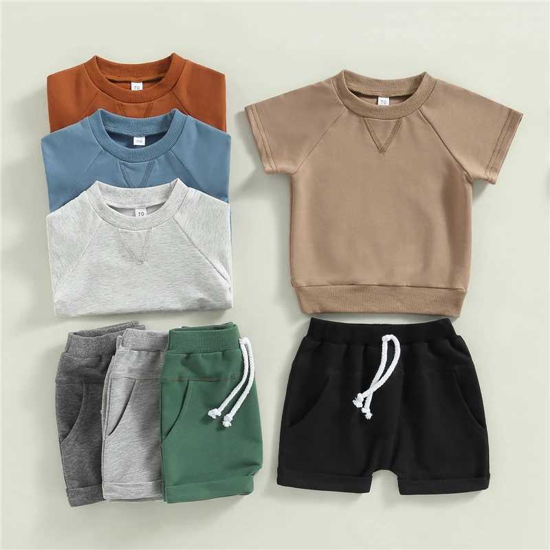 Clothing Sets Fashion Boys Clothing Sets Summer Short Sleeve Cotton Baby Tops + Solid Color Drstring Shorts 2Pcs Casual Outfit Sets