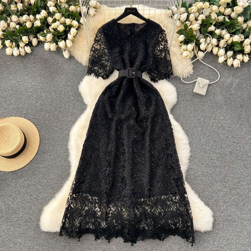 High End, Light Luxury, Sequin Embroidery Dress, Elegant, Slim Fit, Long Design, Hollow Out Lace Dress for Women Temperament Denim Dress High Waist Dr