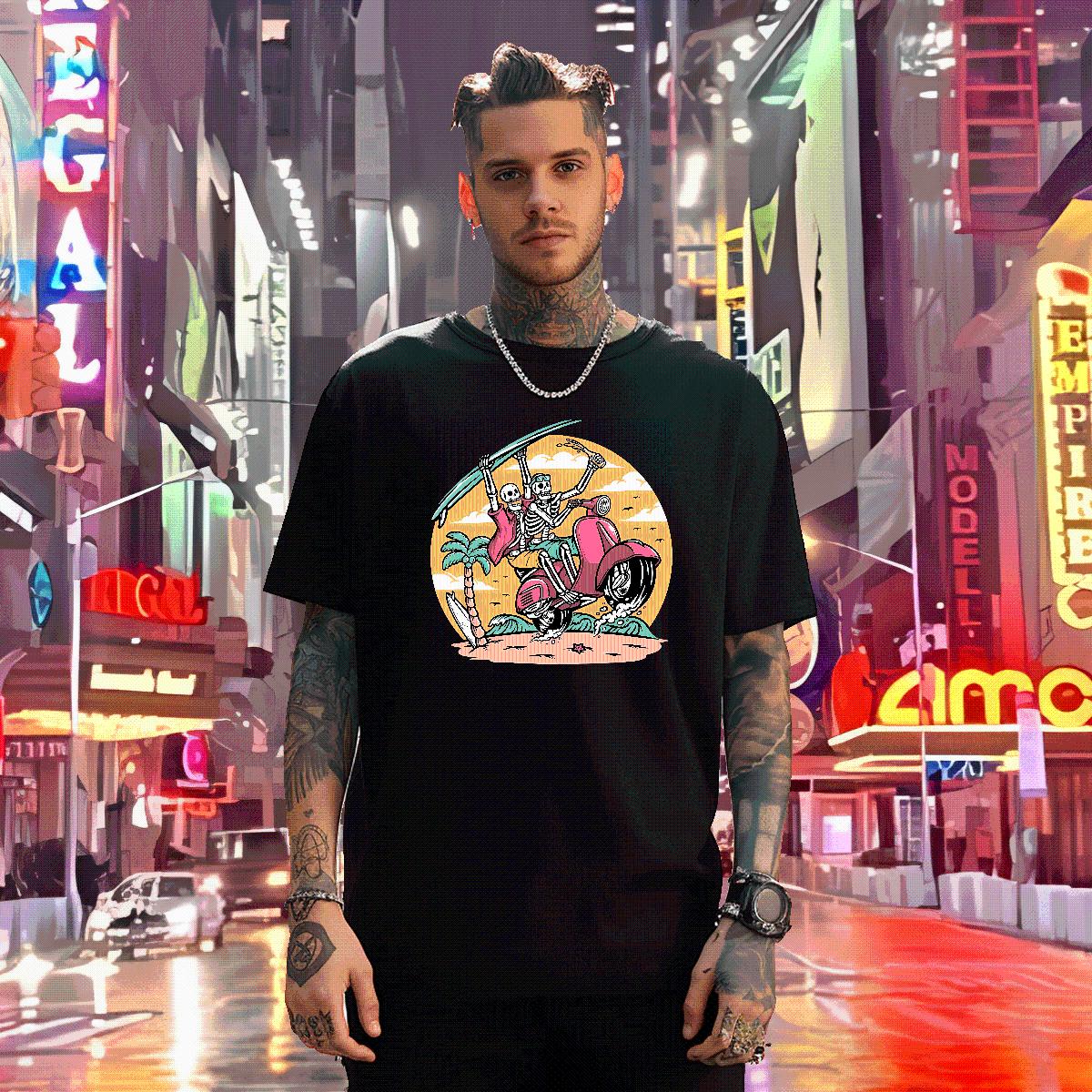 Designer T Shirts Men Skeleton 100% Cotton 230g Summer Casual Cotton O Neck Short Sleeves Mens Tshirts Fashion Designer DIY Logo Oversized Clothes