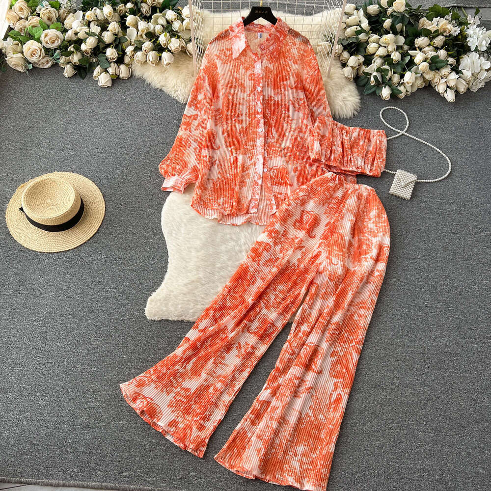 Dopamine Sister Pure Desire Fashion Set Women's Spring/summer Loose Pleated Shirt+bra+draping High Waist Pants Long Summer Dress Novelty Waist Ov