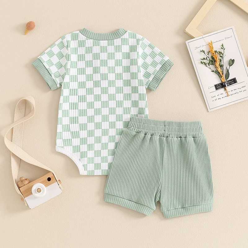 Clothing Sets Summer Newborn Infant Baby Boys Outfits Clothing Checkerboard Buttons Short Sleeve Romper Top and Shorts 2Pcs Clothes Set