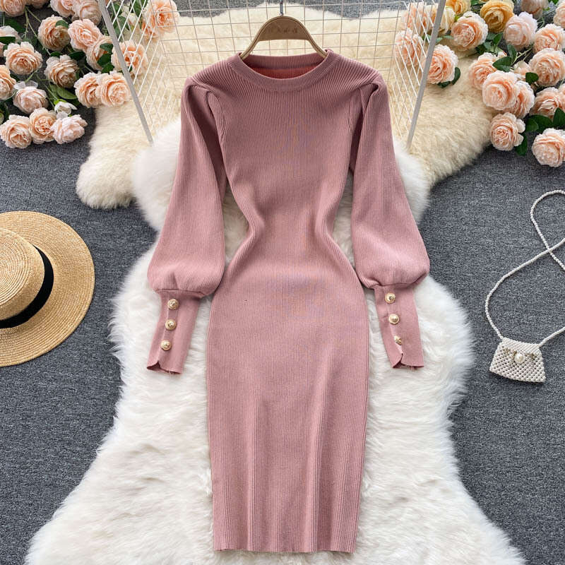 Ins Breasted Bubble Sleeves Slim Fit Short Style with A Sense of Waist and Hips, Elastic Knit Dress for Women Waist Pregnant Womens Dress BOHO DRESS