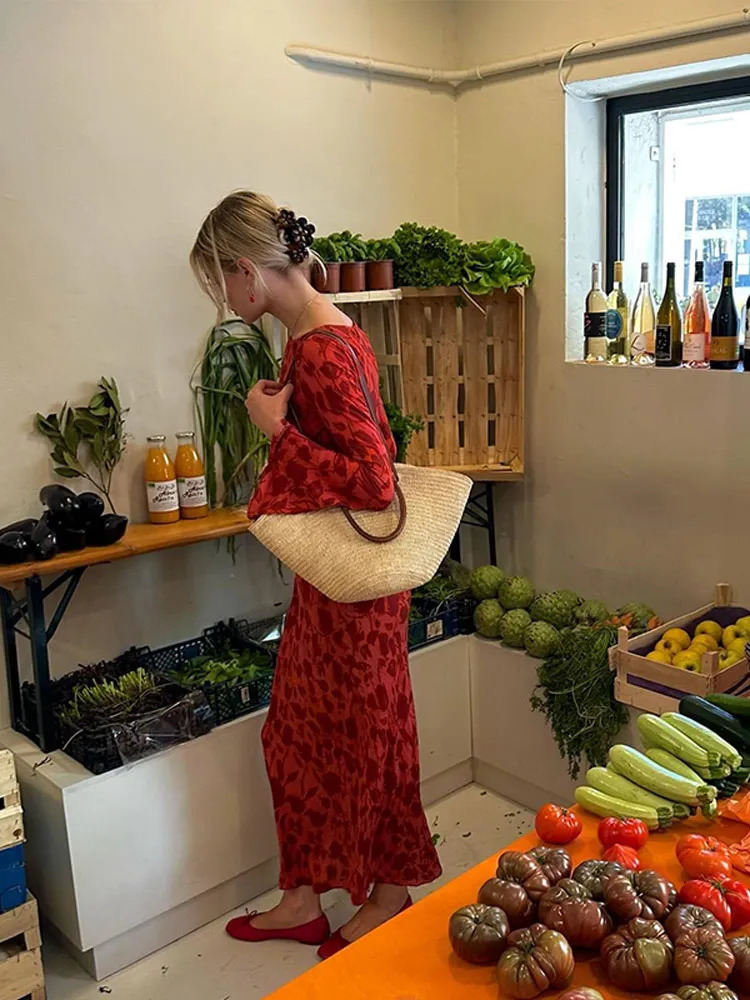 Summer Women Elegant Floral Print Flare Sleeve Maxi Dress Female Chiffon O Neck Printing Slim Beach Holiday Party Dresses 240712