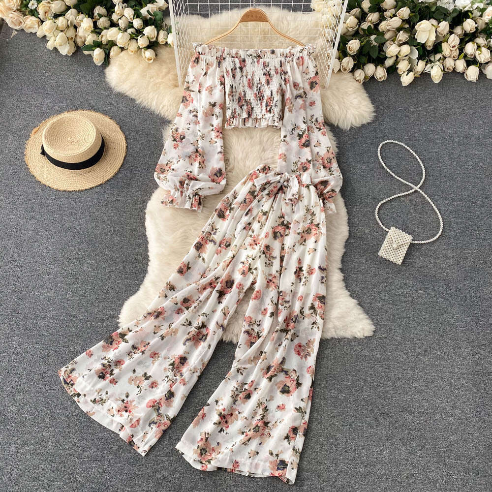 One Line Neckline Off Shoulder Bubble Sleeves, Sweet and Age Reducing French Printed Short Top, High Waisted Wide Leg Pants Two-piece Set Sexy Silk Dr