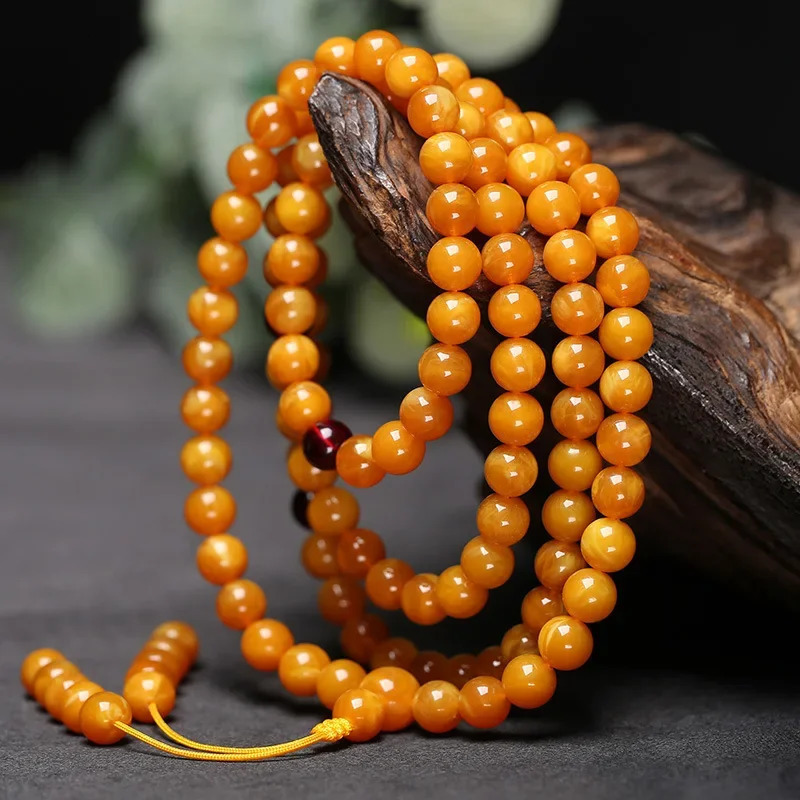 Myanmar Old Beeswax Circle 108 Beads Original Mineral Beeswax Amber Original Stone Necklace Mens and Womens Hard Bracelet 240710