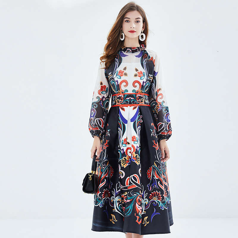 Wind Bright Silk Patchwork Lantern Long Sleeved Waist Positioning Printed Large Hem Fluffy Dress Waist Sexy Bifurcated Pregnant Womens Dress Oversize 