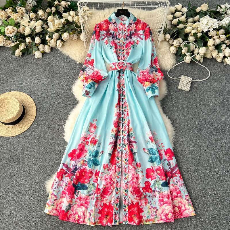Palace French Elegant for Womens Spring and Autumn New High Grade Standing Neck Lantern Long Sleeve Waist Wrapped Print Dress Pregnant Womens Dress La