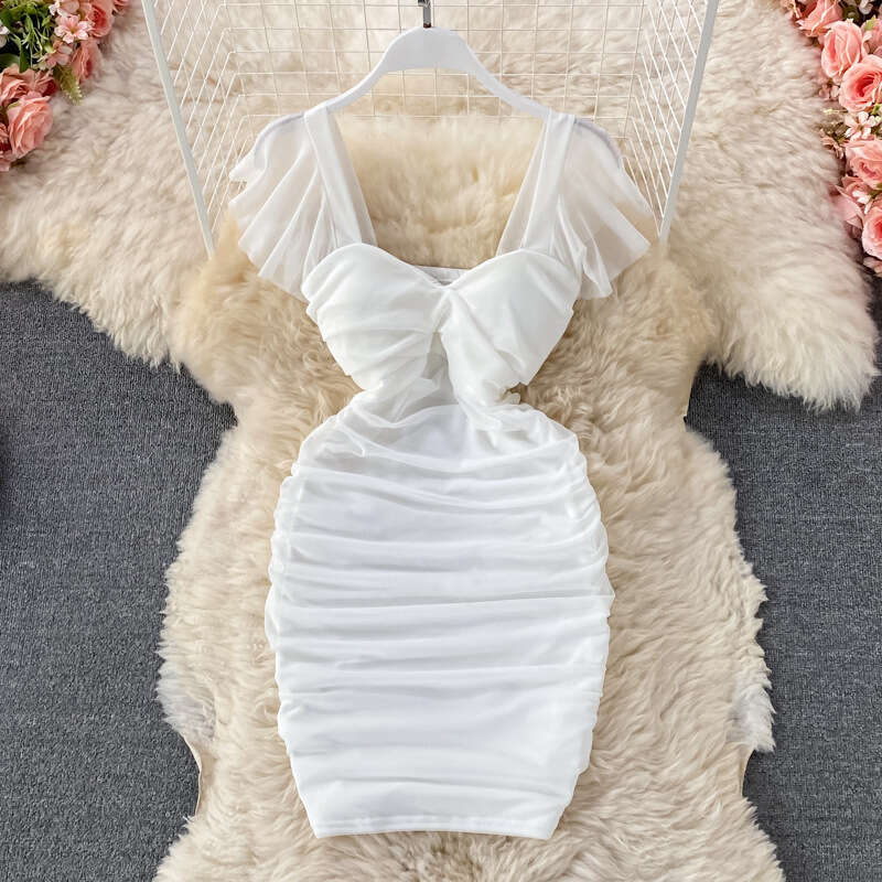 2023 Summer New French Sexy High Waist Slim Folded Square Neck Wrapped Hip Short Sleeve Party Dress Self-cultivation Pregnant Womens Dress Lace Dress