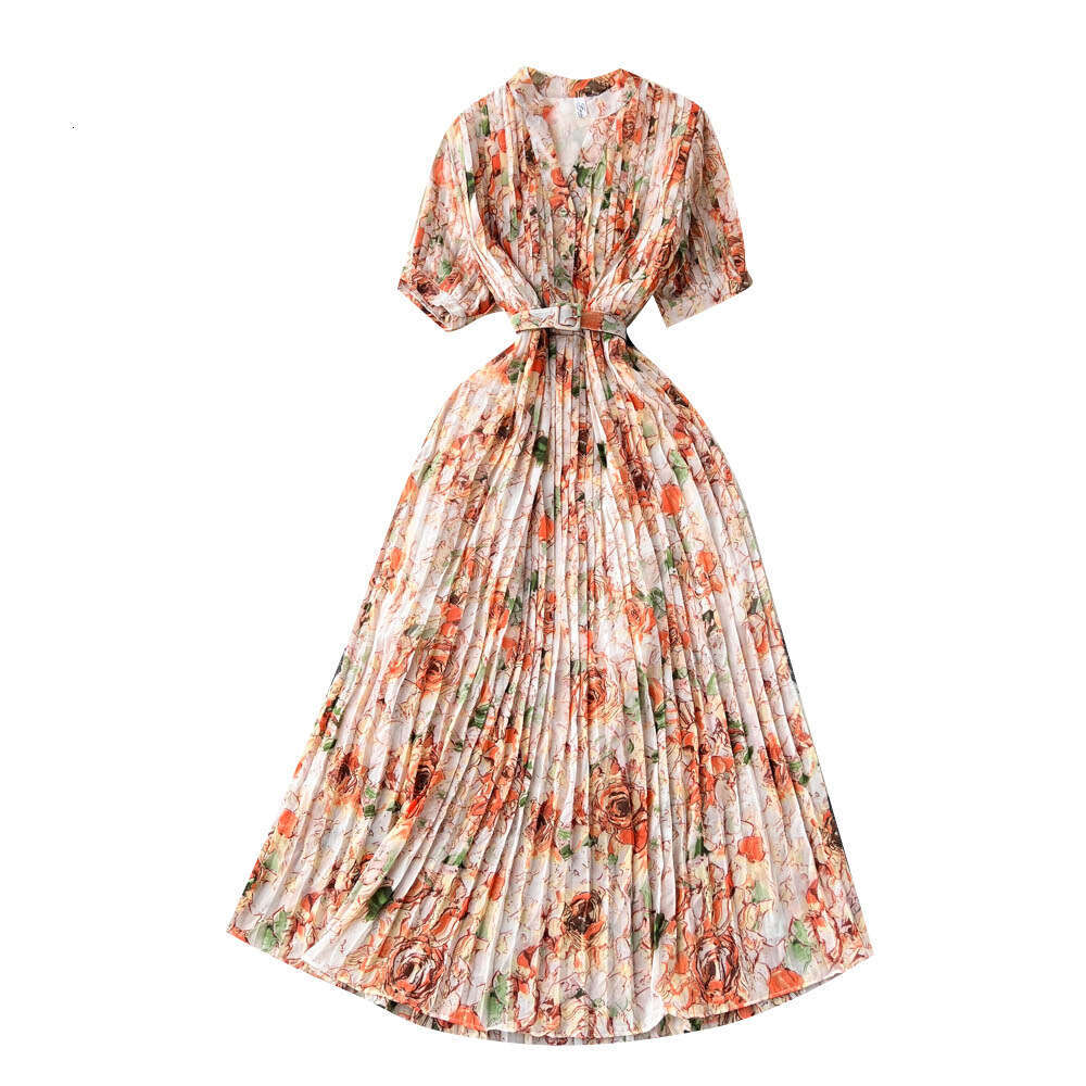 French Waistband with Slimming Design and A Small Crowd Pressure Pleated Bubble Sleeve Dress for Womens Clothing Korean Style Floral Long Skirt Oversi