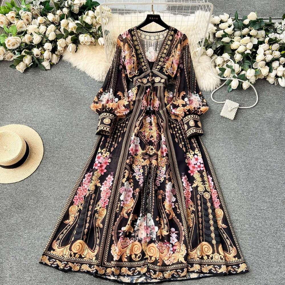 European Design, Print, Sexy Deep V-neck, Button Up, Slim Long Bubble Sleeves, Elegant and Stylish Floral Dress Novelty Short Lace Dress High Waist Dr