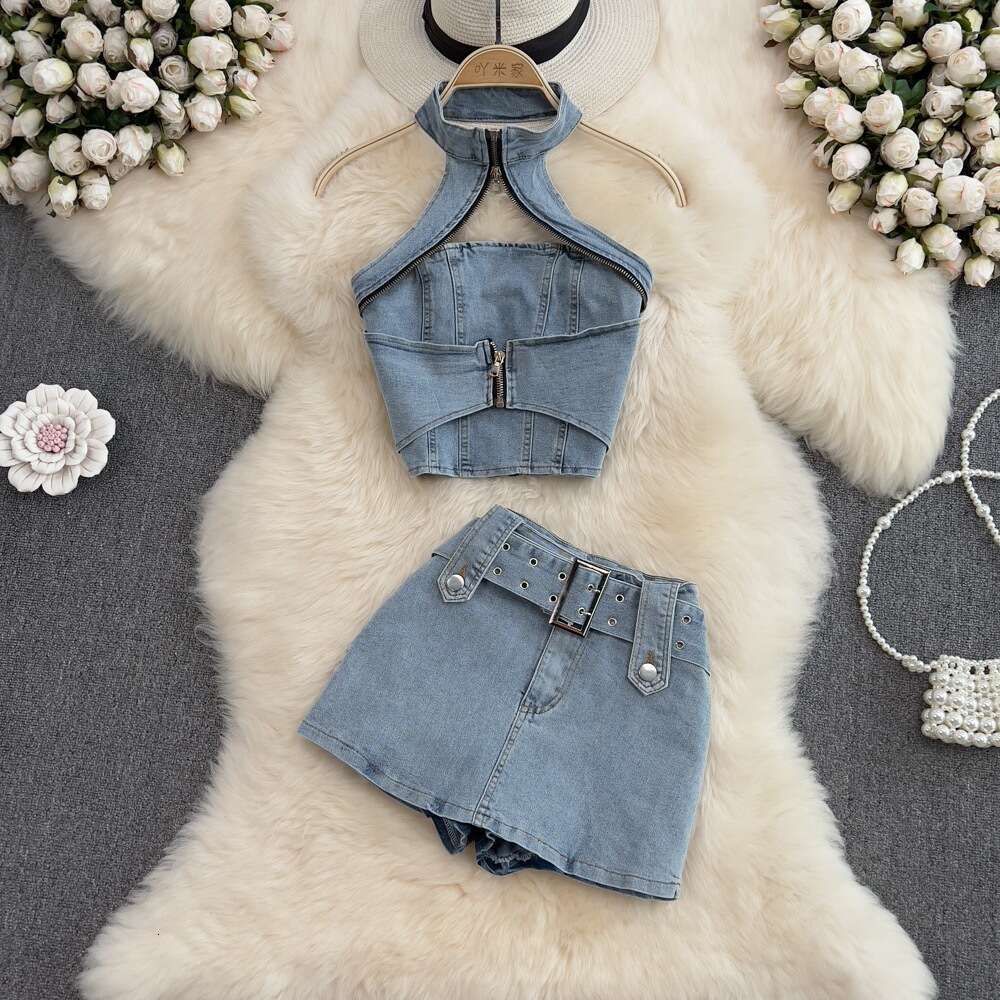 Fried Street Spicy Girl Cowboy Womens Summer New Hanging Neck Short Top Half Skirt Two Piece Set Novelty Temperament Loose Bifurcated BOHO DRESS