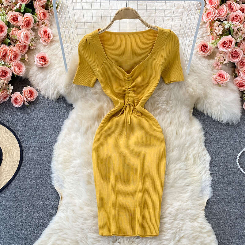 Square Neck Elastic Knitted Dress Summer New Korean Version Waist Cinching Slimming Temperament Drawstring Tight Fitting Hip Hugging Short Skirt Denim